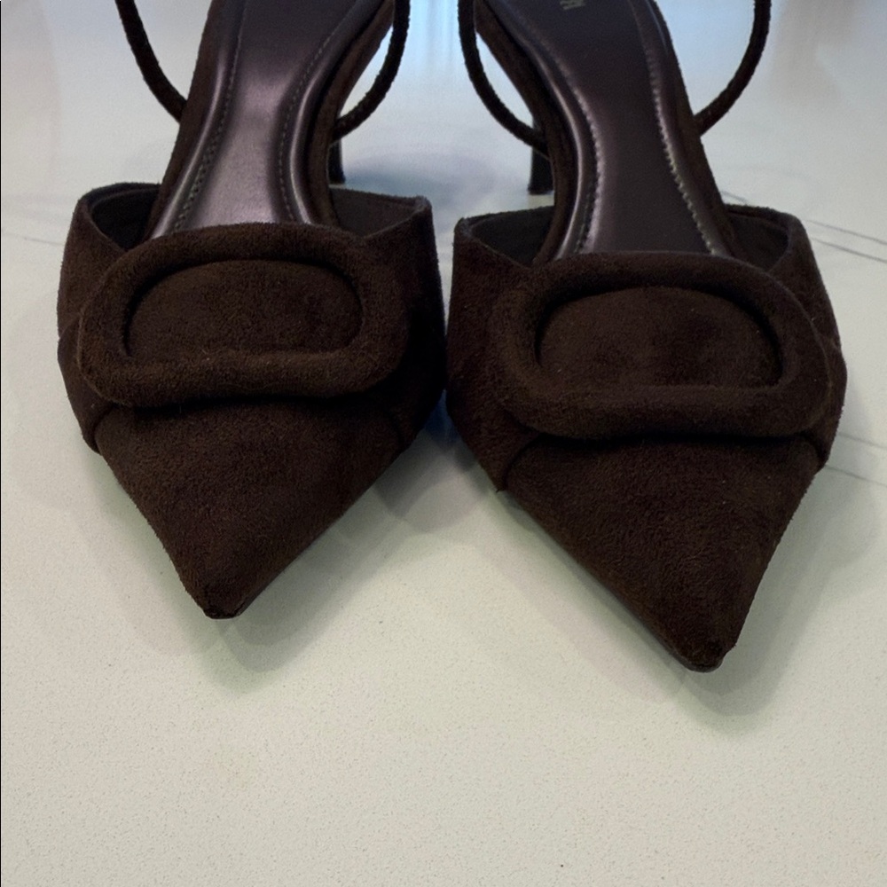 Zara Dark Brown Pointed Slingback Heels with Buckle Detail
